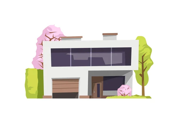 Illustrazione Vista Frontale Stile Contemporaneo Cartone Animato Casa Lusso Con — Vettoriale Stock