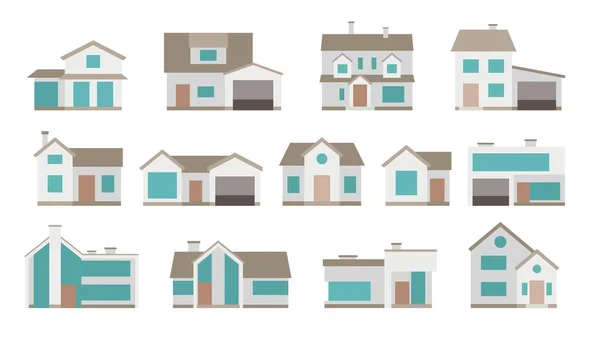 Ilustracja Grupy Nowoczesnych Domów Widok Przodu Zestawie Różne Kształty Domów — Wektor stockowy