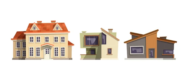 Illustration Der Frontansicht Auf Verschiedene Häuser Verschiedenen Designs Wie Klassischer — Stockvektor