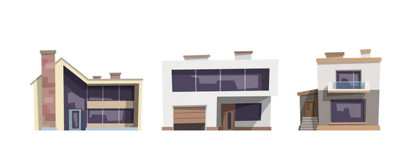 现代反应角形设计中不同房屋的正面景观图解 阴影显示了在白色背景下隔离的建筑物深度 — 图库矢量图片