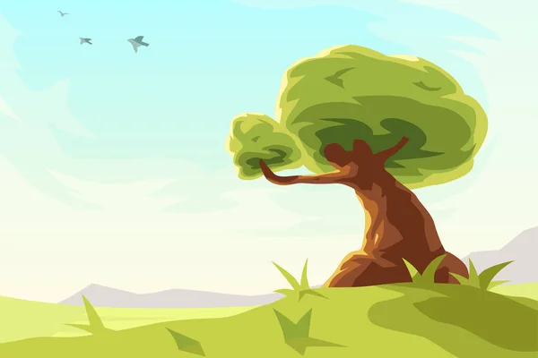 Иллюстрация Сдельного Дерева Стиле Мультфильма Лугу Солнечный День — стоковый вектор