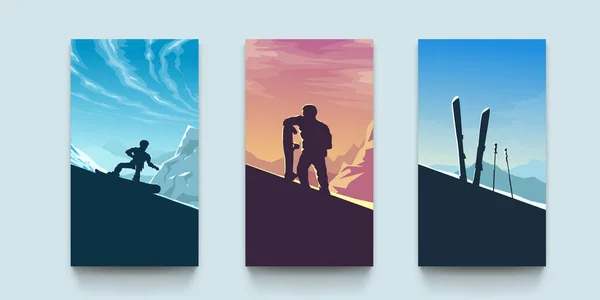 Illustration Von Drei Verschiedenen Skiplakaten Flachen Silhouettendesign Auf Tafeln Mit — Stockvektor
