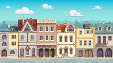 Çizgi film tarzında çeşitli renkli binaların katman parallax 'e bölünmüş olduğu klasik caddenin tasviri