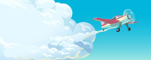 Illust Van Vliegende Rode Cartoon Klein Vliegtuig Blauwe Lucht Met — Stockvector