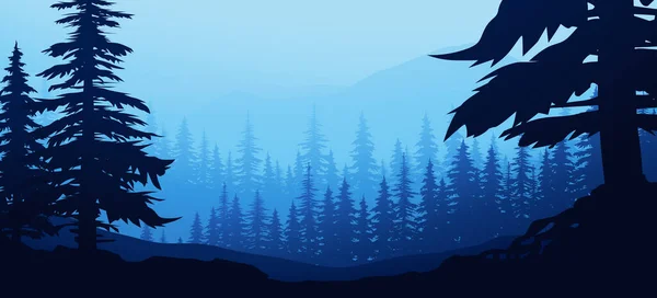 Ілюстрація Красивого Ранкового Вигляду Гірському Пейзажі Через Сосновий Лісовий Шар — стоковий вектор