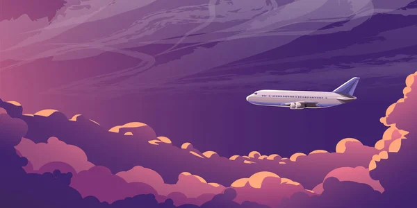 Απεικόνιση Της Πτήσης Εμπορικό Αεροπλάνο Στα Σύννεφα Στο Ηλιοβασίλεμα Πλευρά — Διανυσματικό Αρχείο
