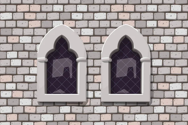 灰色石墙上两个中世纪窗前视图的图解 — 图库矢量图片