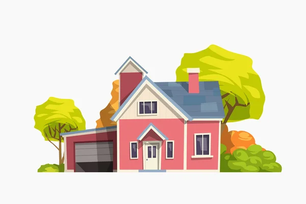 Illustrazione Della Vista Frontale Sulla Casa Stile Cartone Animato Rosso — Vettoriale Stock
