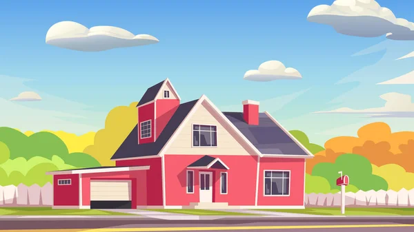 漫画デザインの晴れた日に美しい赤の色の新しい現代の家のイラスト — ストックベクタ