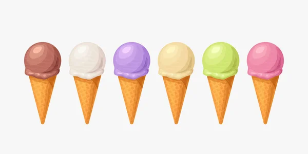 不同颜色的锥形冰淇淋在白色背景下隔离的图解 — 图库矢量图片