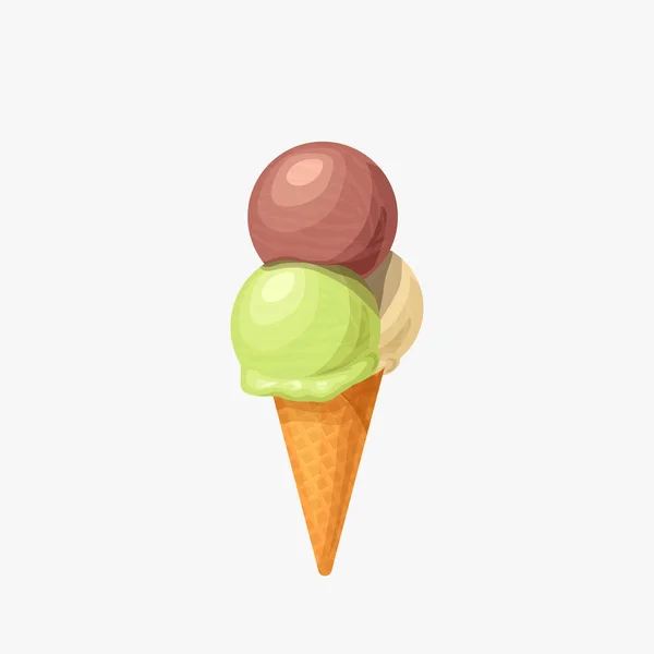 Illustration Crème Glacée Gaufre Cône Avec Trois Boules Différentes Isolées — Image vectorielle