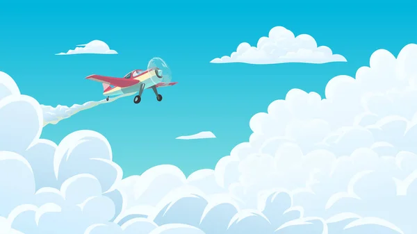 Illustratie Van Rood Vliegen Cartoon Klein Vliegtuig Door Grote Wolken — Stockvector