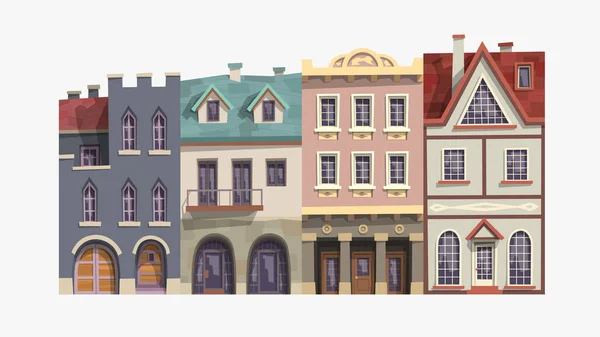 Illustration Der Traditionellen Verschiedenen Vintage Häuser Festgelegter Fassadenansicht Isoliert Auf — Stockvektor