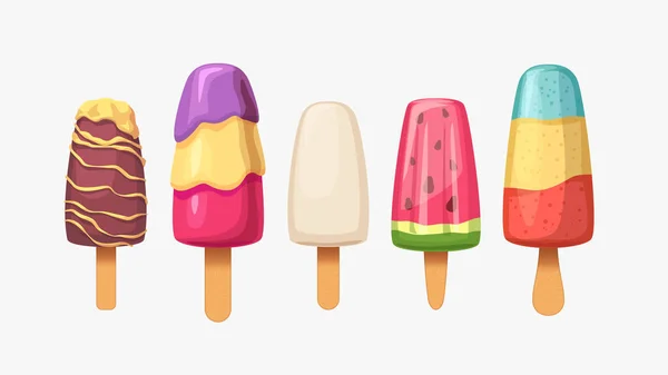 在白色背景下隔离的不同形状和不同口味的冰淇淋图解 — 图库矢量图片