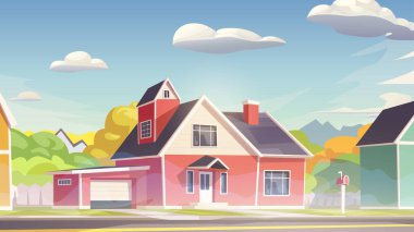 Kenar mahallelerdeki güzel kırmızı rengin yeni modern evin çizimi. Sabah çizgi film tasarımında.