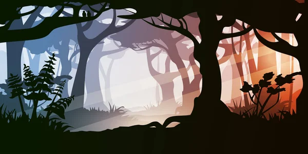 多色画層漫画風視差準備完了の鬱蒼とした古い森の風景図 — ストックベクタ