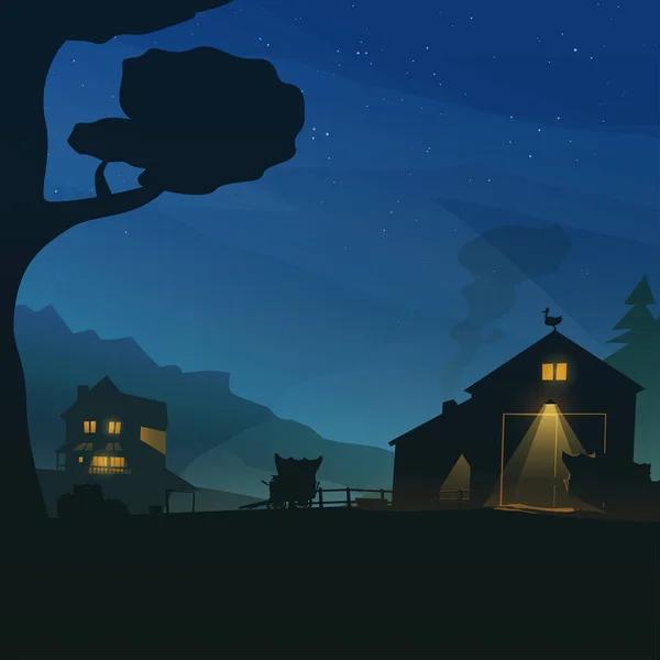 Illustration Des Dorfhauses Mit Einigen Lichtern Bei Klarer Nacht Einfaches — Stockvektor