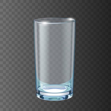 Boş, şeffaf, uzun bir bardağın resmi. Karanlık arka planda parlayan ışıklar var.