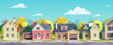 Modern caddedeki cephenin, gölgeli ve renkli bahçeleri gösteren bir çok farklı ev çizgi film tarzıyla tasviri.