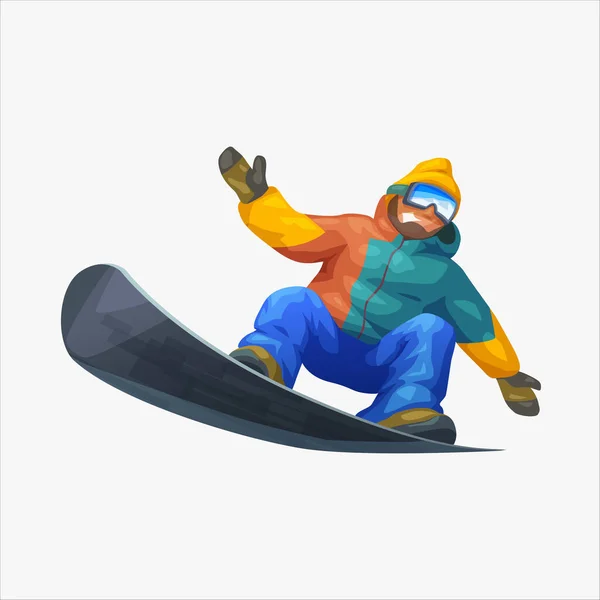 Gülen Karikatür Snowboardcusunun Beyaz Zeminde Izole Edilmiş Son Sürüşü — Stok Vektör