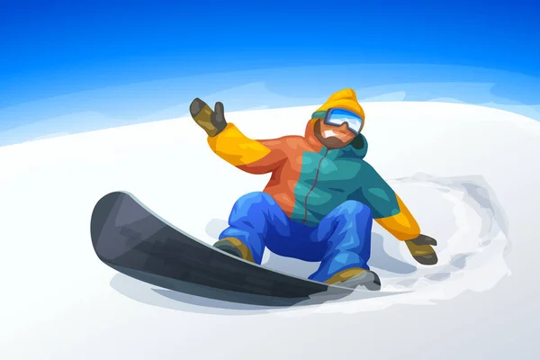 Güneşli Bir Günde Tepede Uçan Karikatür Stili Gülümseyen Snowboardcunun Resmi — Stok Vektör