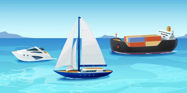 Ilustración Diferentes Tipos Barcos Mar Diseño Realista Conjunto Tales Como — Archivo Imágenes Vectoriales