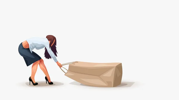 Illustration Attrayant Shopaholic Femme Sur Grande Vente Traînant Énorme Sac — Image vectorielle