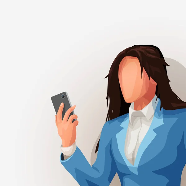 Illustratie Van Kaukasische Vrouw Dragen Blauwe Kostuum Hold Smartphone Kijken — Stockvector