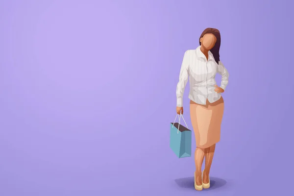 紫を背景にショッピングバッグを持つ魅力的な幸せな女性のイラスト — ストックベクタ
