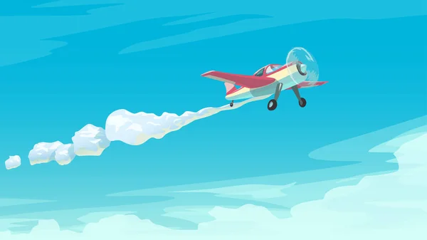 Απεικόνιση Του Κόκκινου Μικρού Αεροπλάνου Στον Ουρανό Σύννεφα Την Ηλιόλουστη — Διανυσματικό Αρχείο