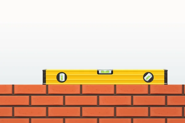 Ilustrace Žlutého Konstrukčního Lihového Nástroje Ležícího Vrcholu Cihlové Stěny Bílém — Stockový vektor
