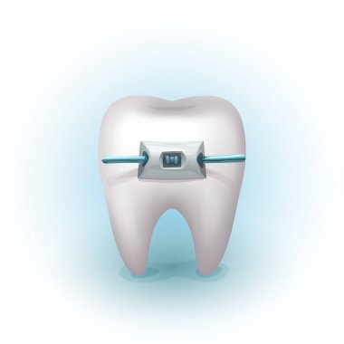 Beyaz insan dişinin resmedilmiş hali. Beyaz arka planda çelik diş telleri gerçekçi tasarım.