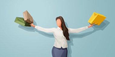 Mavi arkaplanda alışveriş yaptıktan sonra keyifli bir kadının resmi.