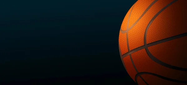 暗い背景に現実的なデザインで光沢のあるオレンジのバスケットボールのイラスト — ストックベクタ