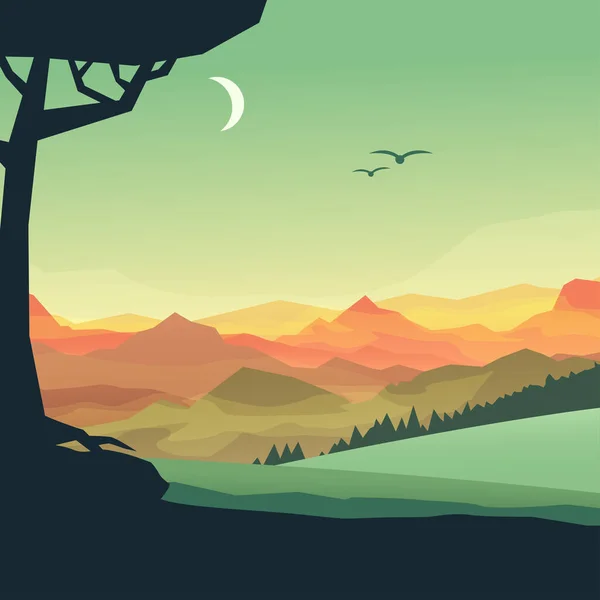 Illustrazione Calma Notte Montagne Paesaggio Verde Colori Rossi Con Luna — Vettoriale Stock