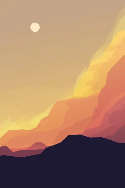 Illustrazione Tramonto Montagne Colori Arancioni Paesaggio Ventoso Strato Progetto Semplice — Vettoriale Stock