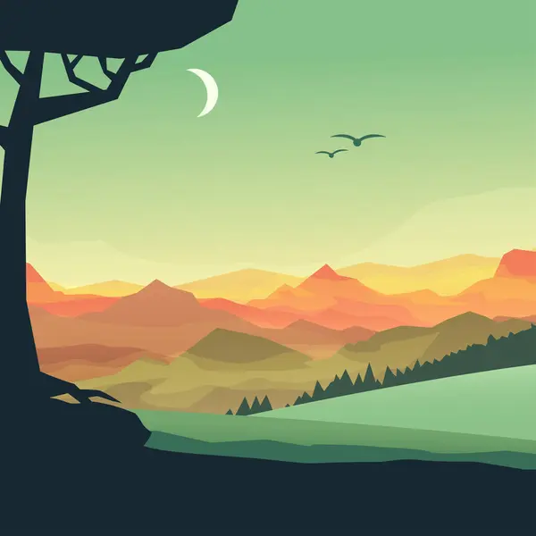 Illustrazione Calma Notte Montagne Paesaggio Verde Colori Rossi Con Luna Vettoriali Stock Royalty Free