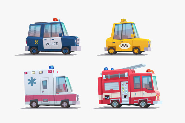 четыре различных видов городских услуг, таких как полицейское такси скорой помощи и пожарных автомобилей в мультяшном стиле изолированный вид сбоку