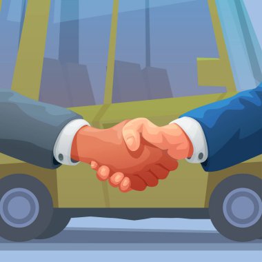 illustration of handshake car dealer in front of vehicle as backdrop