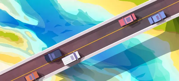Illustration Von Autos Auf Einer Brücke Draufsicht Cartoon Stil Stockvektor