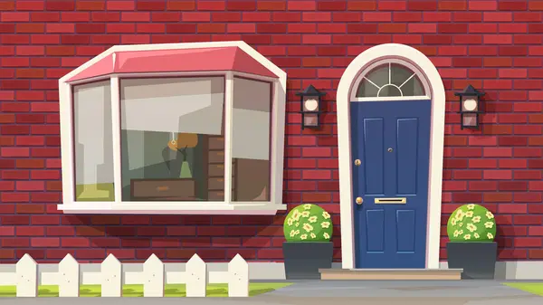Illustration Von Cartoon Stykle Backstein Hausfassade Frontansicht Mit Fenster Und Vektorgrafiken