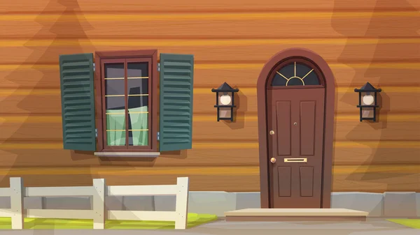 带入口门窗的木制房屋立面的前景图解 免版税图库插图