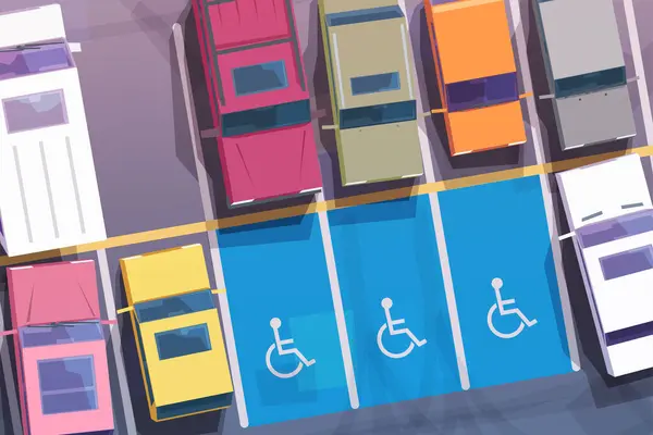 Illustration Des Parkplatzes Voller Unterschiedlicher Fahrzeuge Mit Drei Behindertenparkplätzen Von Stockillustration
