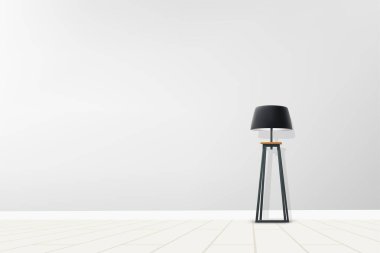 Modern tasarım zemin lambası ve gölgesi olan beyaz büyük bir odanın tasviri