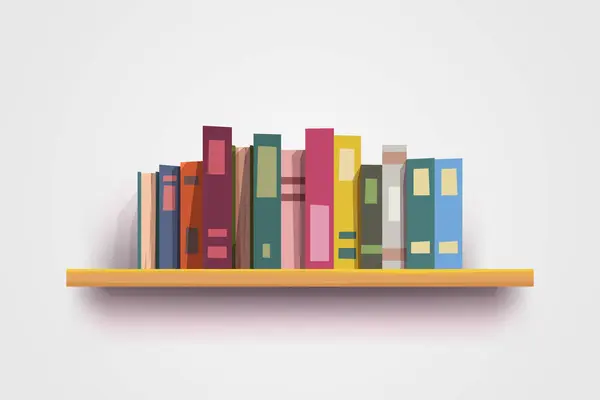 Illustration Wooden Shelf Full Colorful Books Front View White Backdrop Стоковий вектор