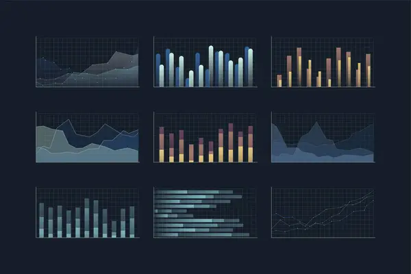 ダークブルーの背景にいくつかのインフォグラフィックを示す様々なグラフとグラフのセットのイラスト ストックイラスト