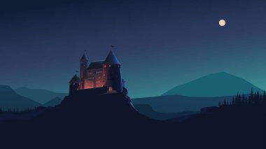 Gece vakti büyük bir şatonun resmi. Karanlık, güzel bir manzara ve tek bir ay.