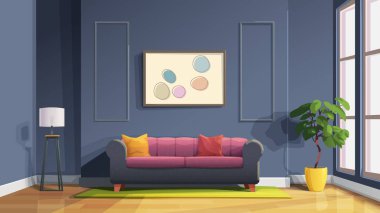 Modern klasik oturma odasının koyu mavi renkte ve güneşli bir günde parke ve mobilya ile bir tasviri