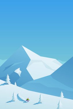 Güneşli bir günde Dağ Tepesi 'nde snowboardcu çizgi film çizimi