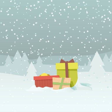 Çizgi film tarzında dışarıda karda sunulan Noel hediyelerinin gösterimi